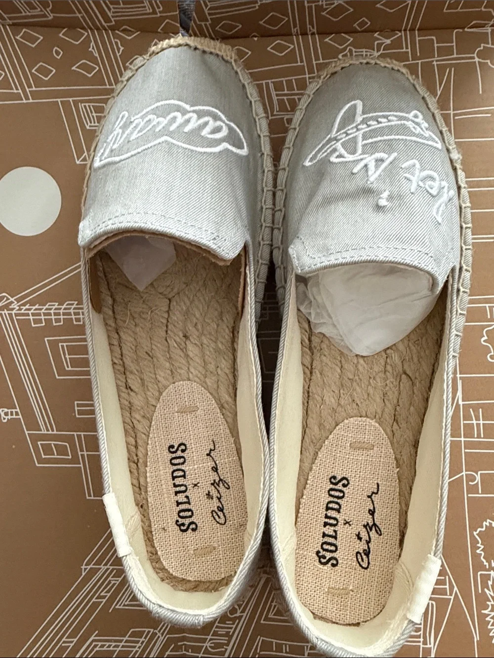 ***Brand New***  SOLUDOS Gray Espadrille Slip-Ons with White Script Embroidered